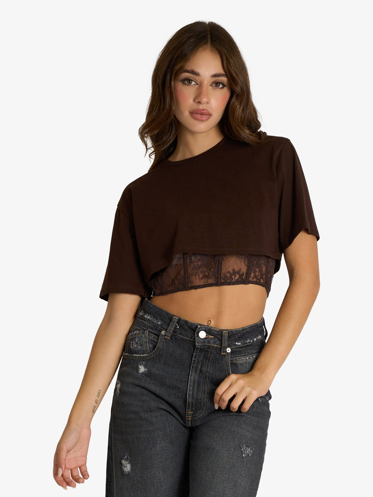 HAVE ONE t-shirt con top in pizzo donna marrone cotone