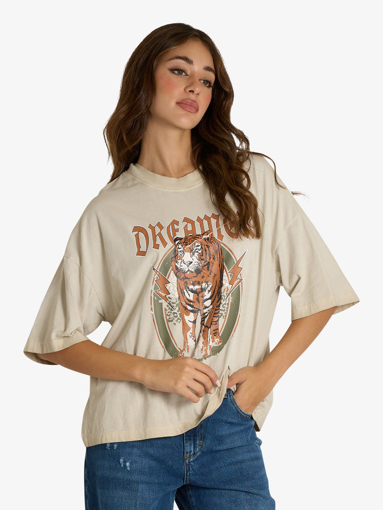 HAVE ONE t-shirt con stampa donna beige cotone