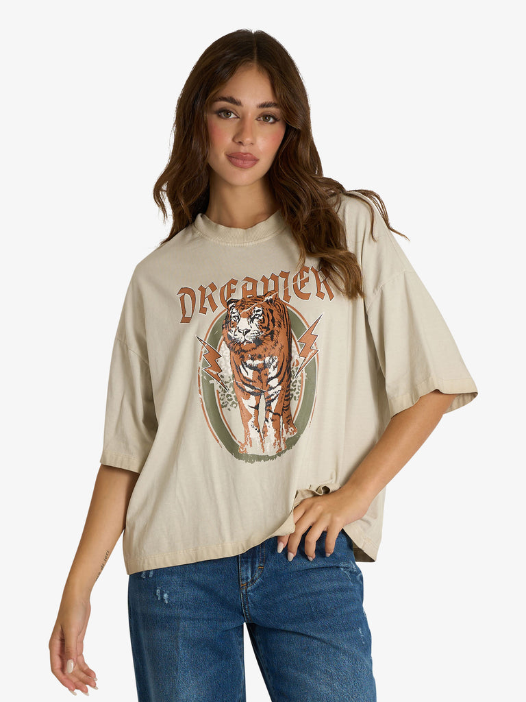 HAVE ONE t-shirt con stampa donna beige cotone