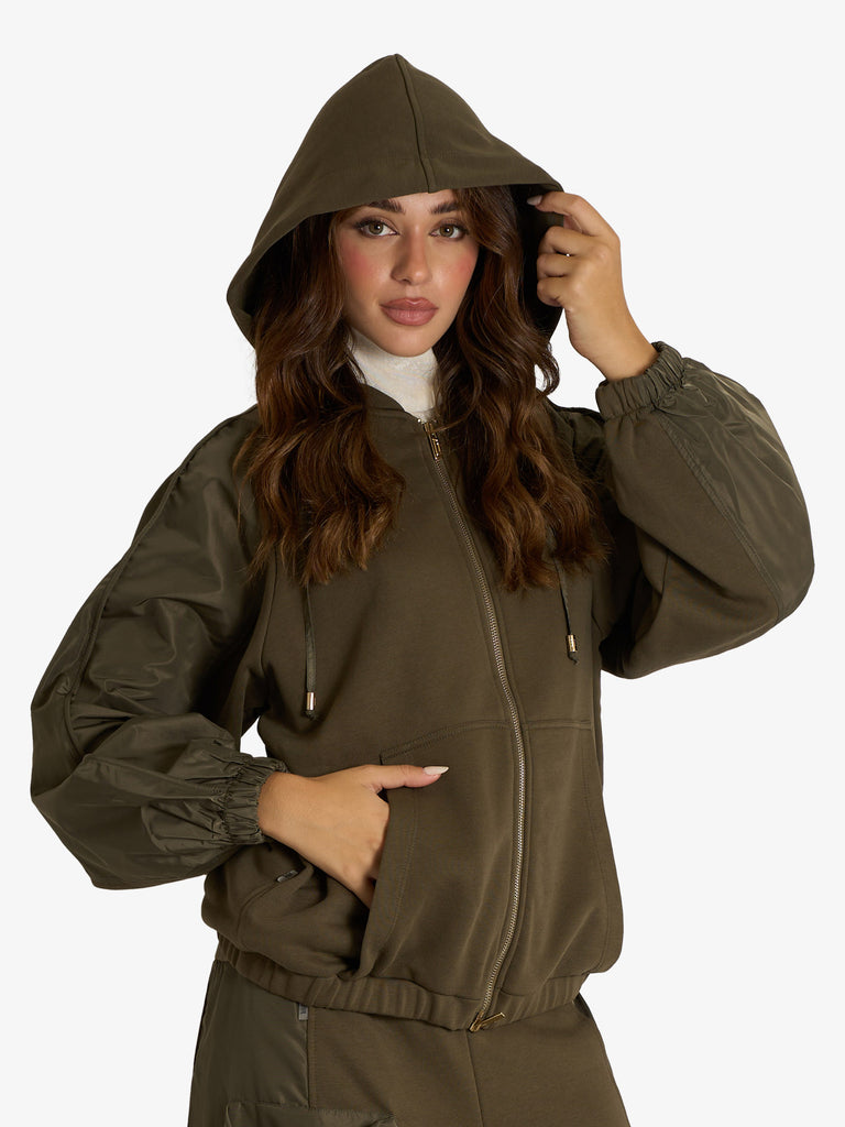 JIJIL felpa con cappuccio ed inserti donna verde cotone