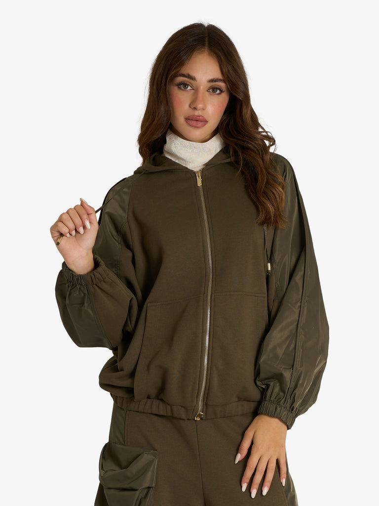 JIJIL felpa con cappuccio ed inserti donna verde cotone