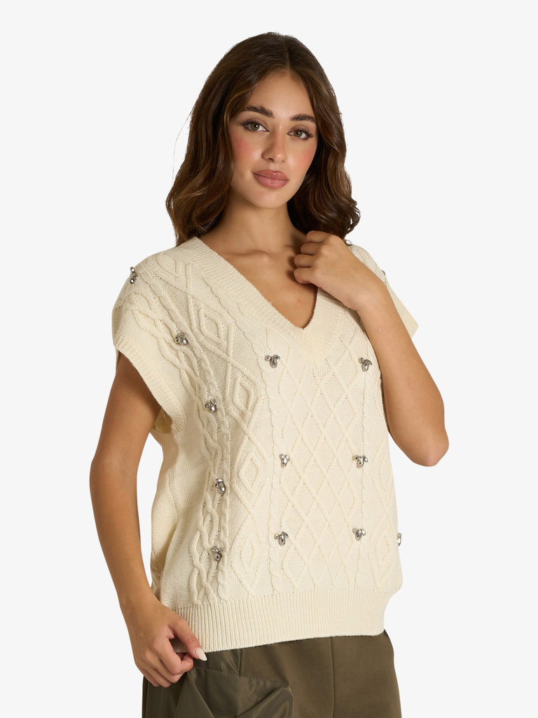 JIJIL maglia con trecce ed applicazioni donna panna