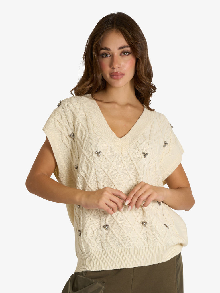 JIJIL maglia con trecce ed applicazioni donna panna