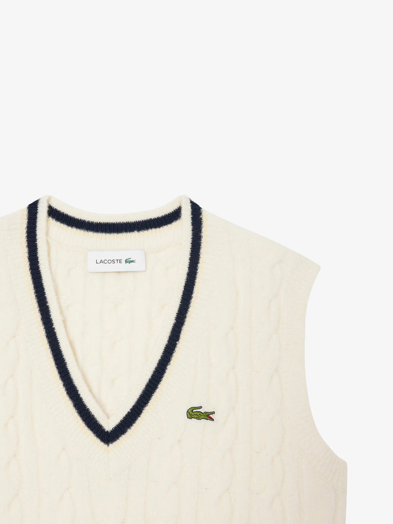 LACOSTE gilet in maglia di lana a trecce donna panna lana