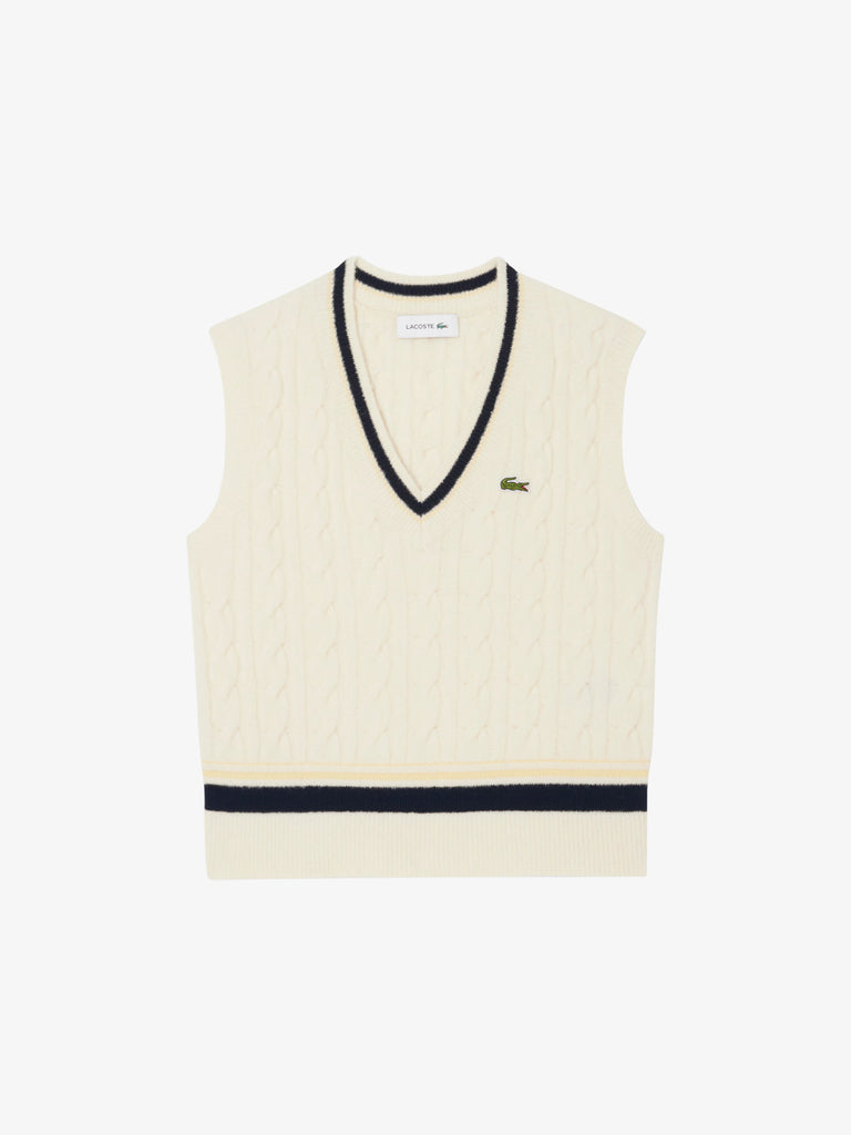 LACOSTE gilet in maglia di lana a trecce donna panna lana