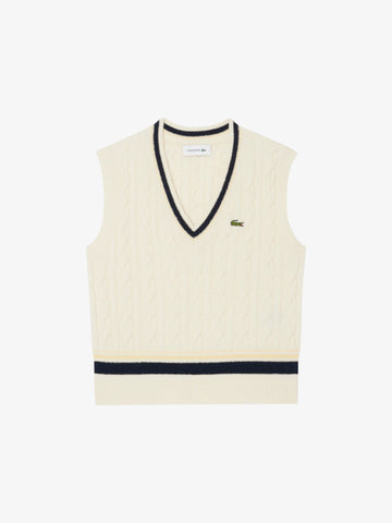 LACOSTE gilet in maglia di lana a trecce donna panna lana