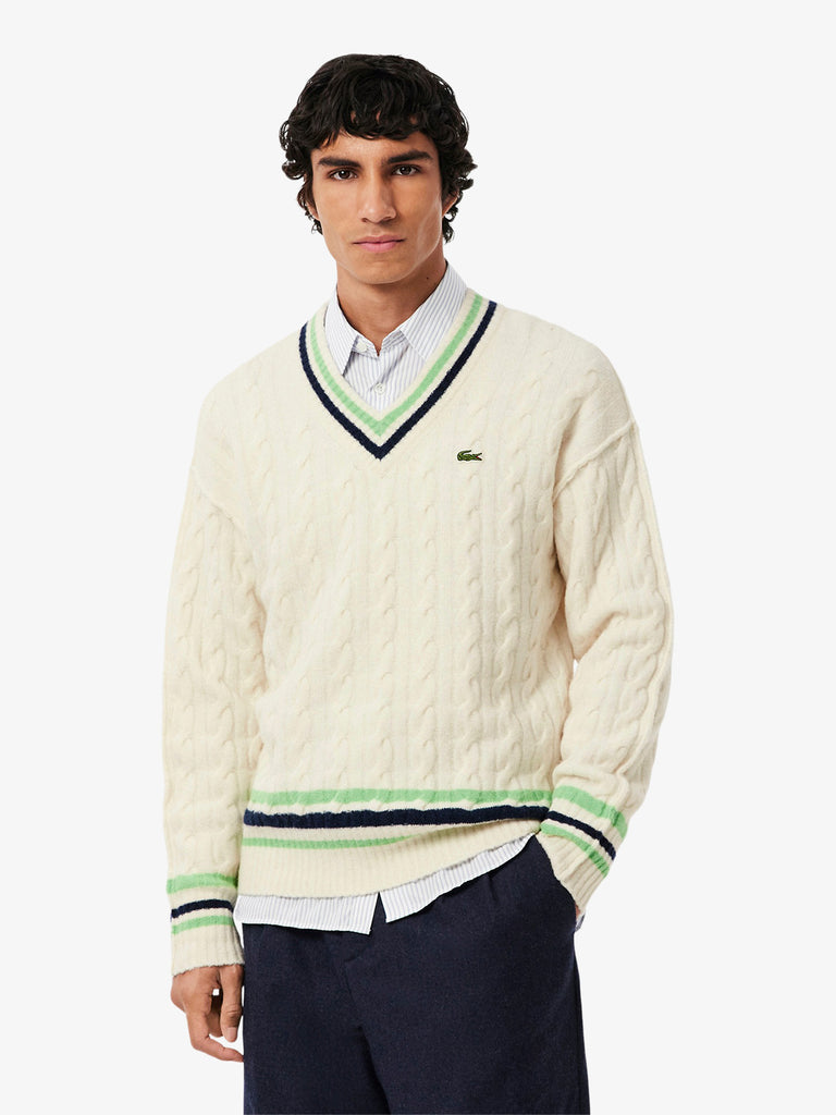 LACOSTE maglia a maniche lunghe a trecce uomo bianco lana