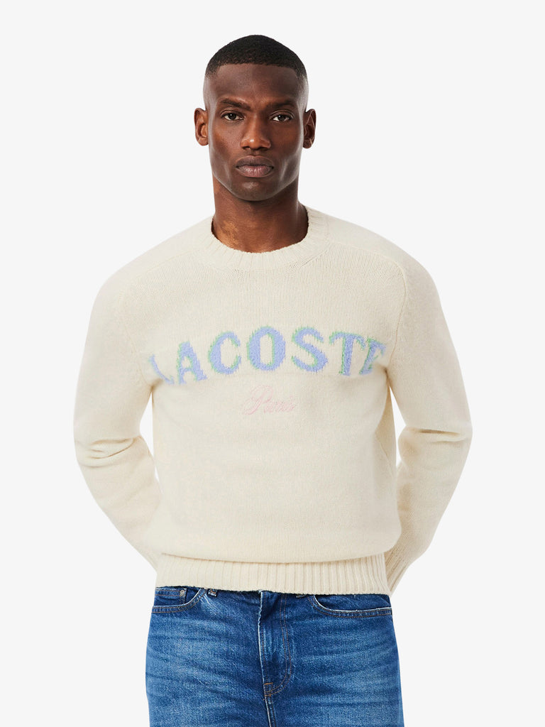 LACOSTE maglieria in lana cardata con marchio intarsiato uomo panna lana