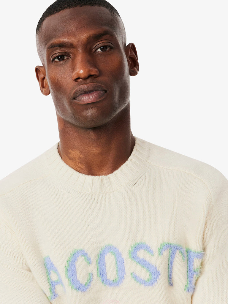 LACOSTE maglieria in lana cardata con marchio intarsiato uomo panna lana