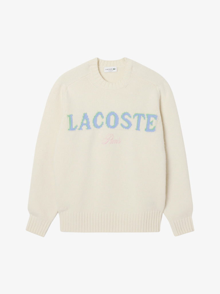 LACOSTE maglieria in lana cardata con marchio intarsiato uomo panna lana
