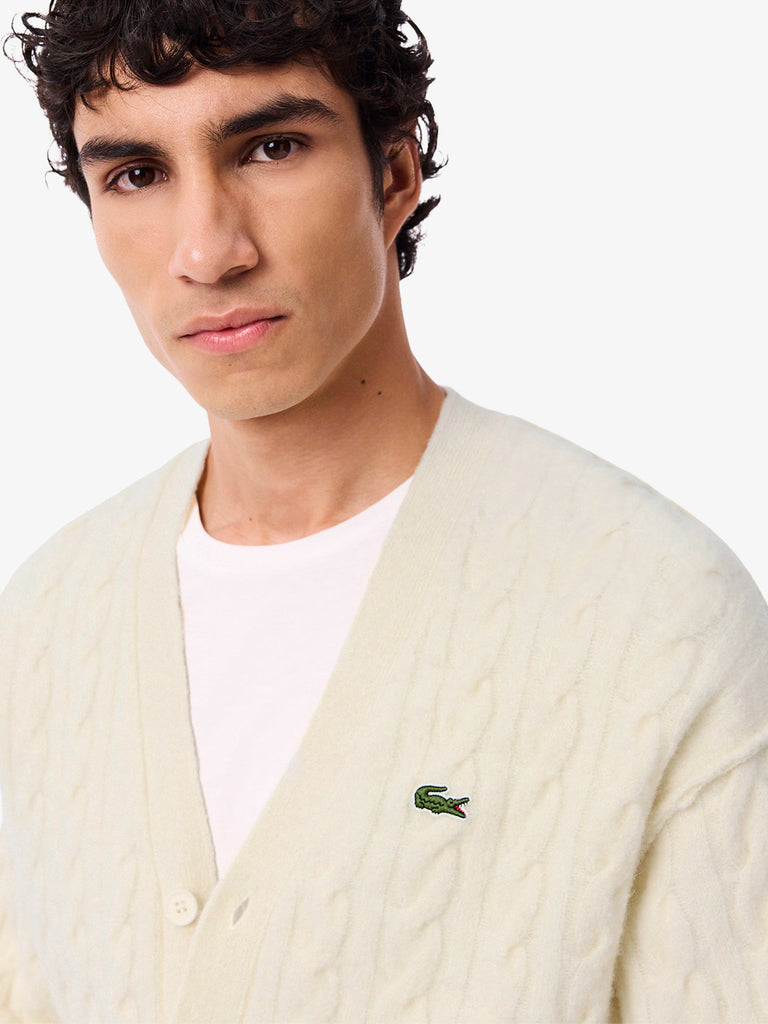 LACOSTE cardigan a trecce uomo bianco lana