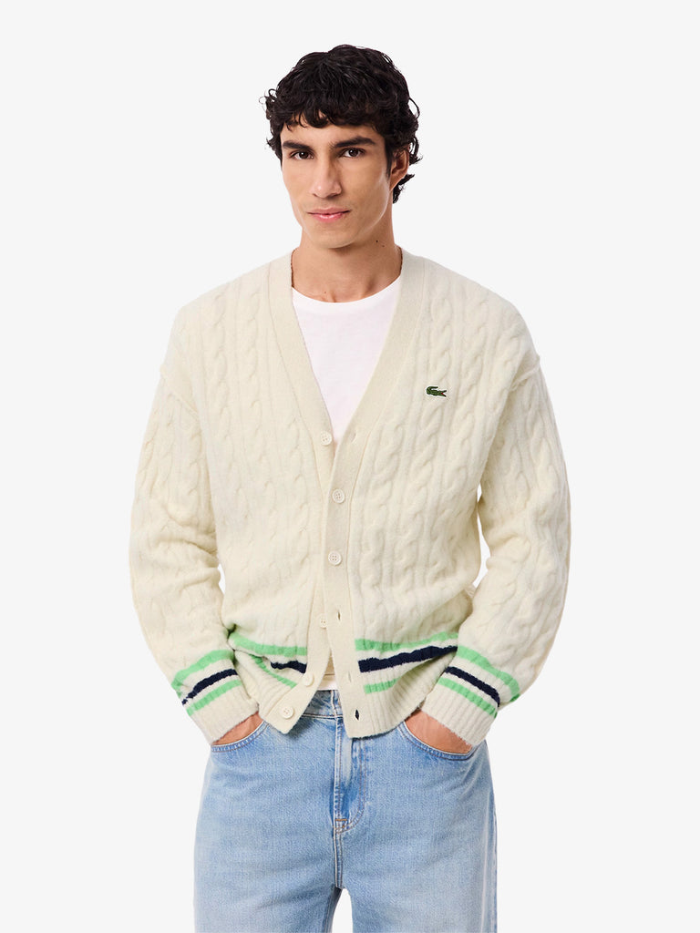 LACOSTE cardigan a trecce uomo bianco lana