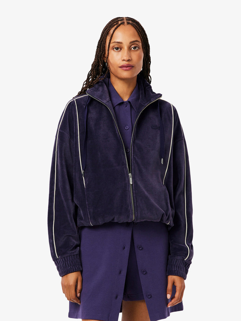 LACOSTE felpa girocollo oversize in velluto con zip donna viola cotone