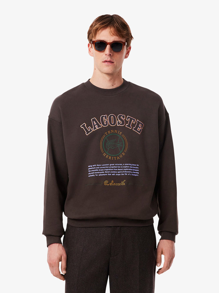 LACOSTE felpa girocollo con ricamo heritage uomo marrone cotone