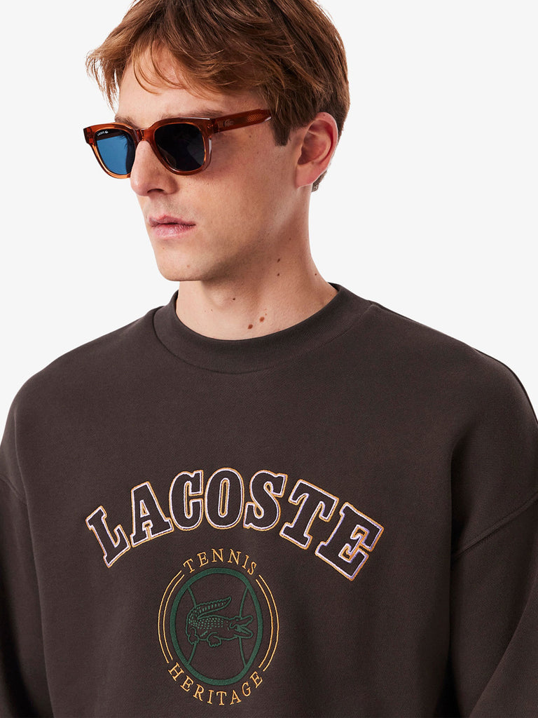 LACOSTE felpa girocollo con ricamo heritage uomo marrone cotone