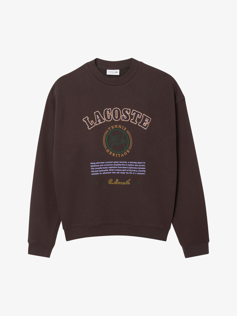 LACOSTE felpa girocollo con ricamo heritage uomo marrone cotone