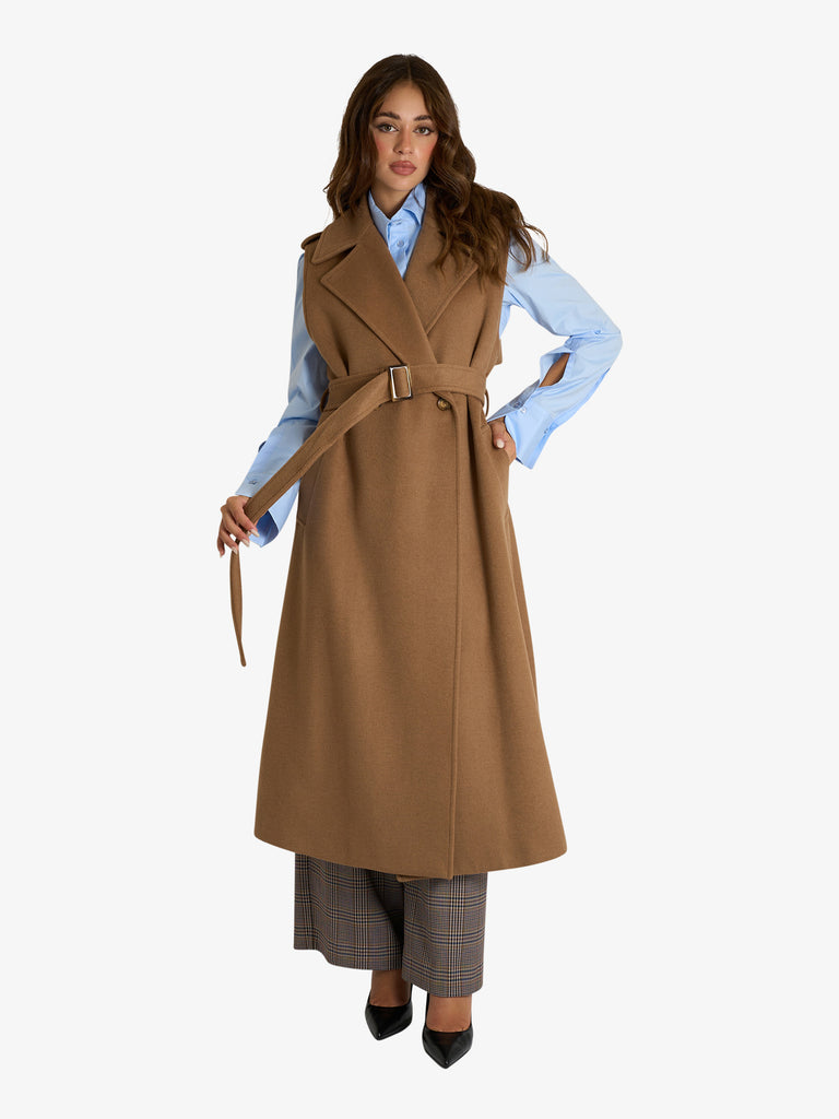 MERCI gilet doppiopetto lungo donna beige lana