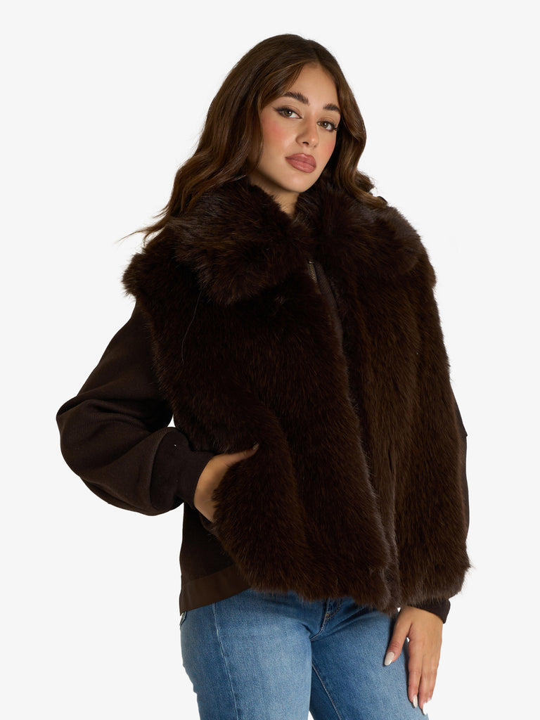 SOUVENIR giubbotto doppio tessuto donna marrone lana