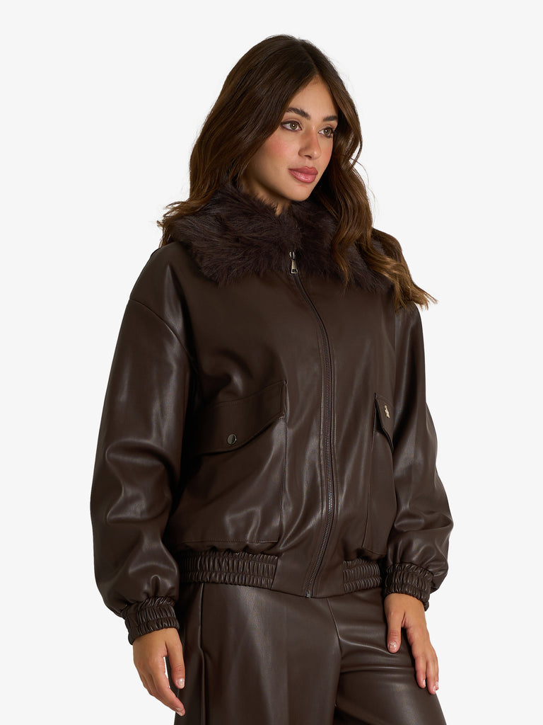 SOUVENIR bomber con pelo sintetico donna marrone