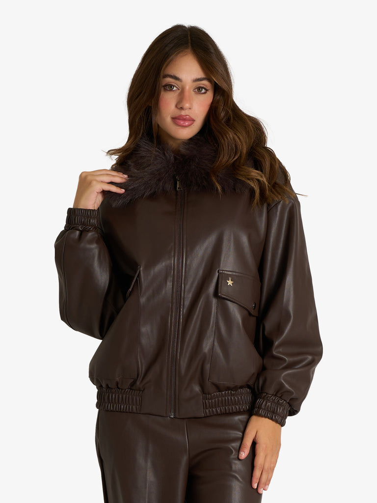 SOUVENIR bomber con pelo sintetico donna marrone
