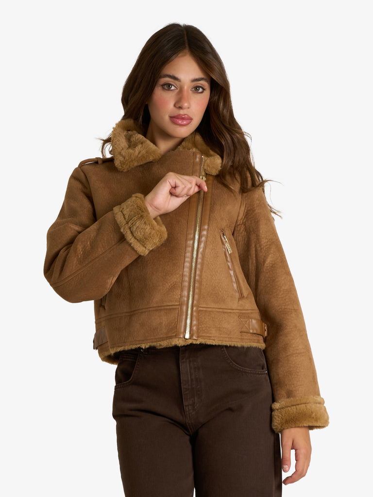 VICOLO capospalla biker cropped donna marrone