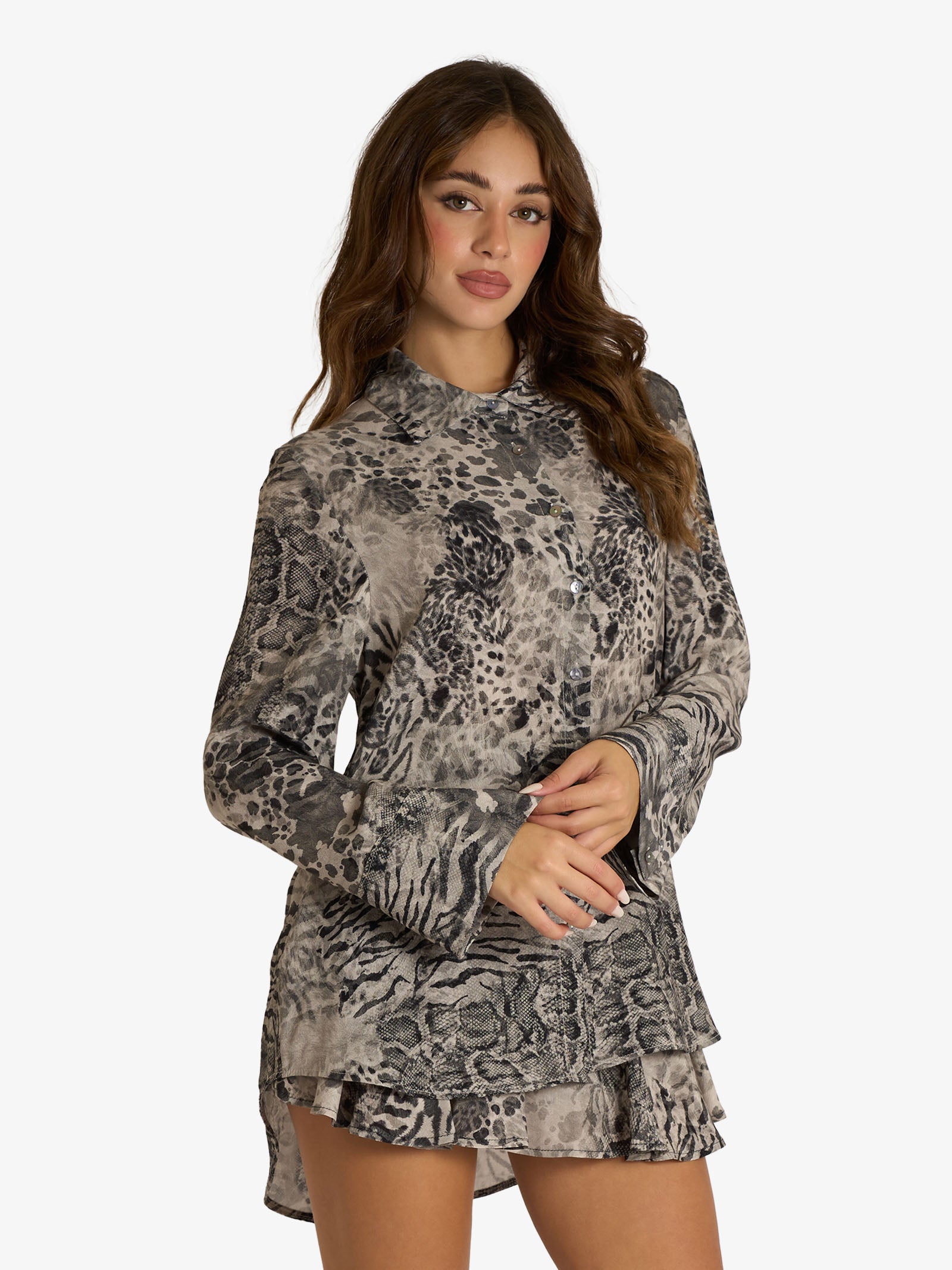 women's gray viscose print and ruffle shirt