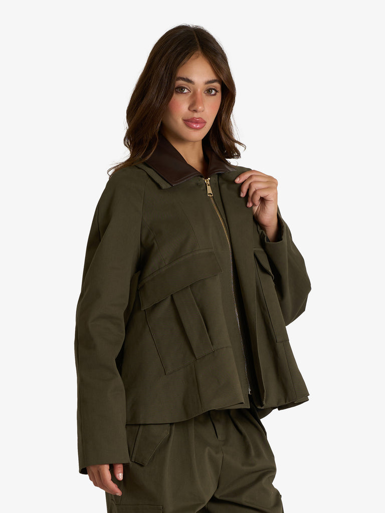 VICOLO blazer army colletto in ecopelle donna verde