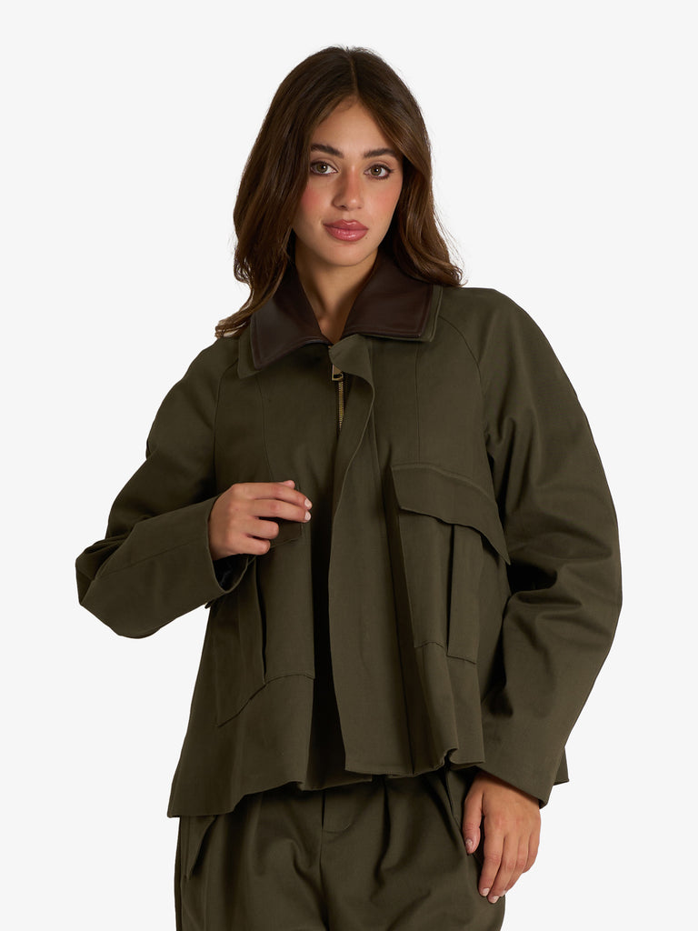 VICOLO blazer army colletto in ecopelle donna verde