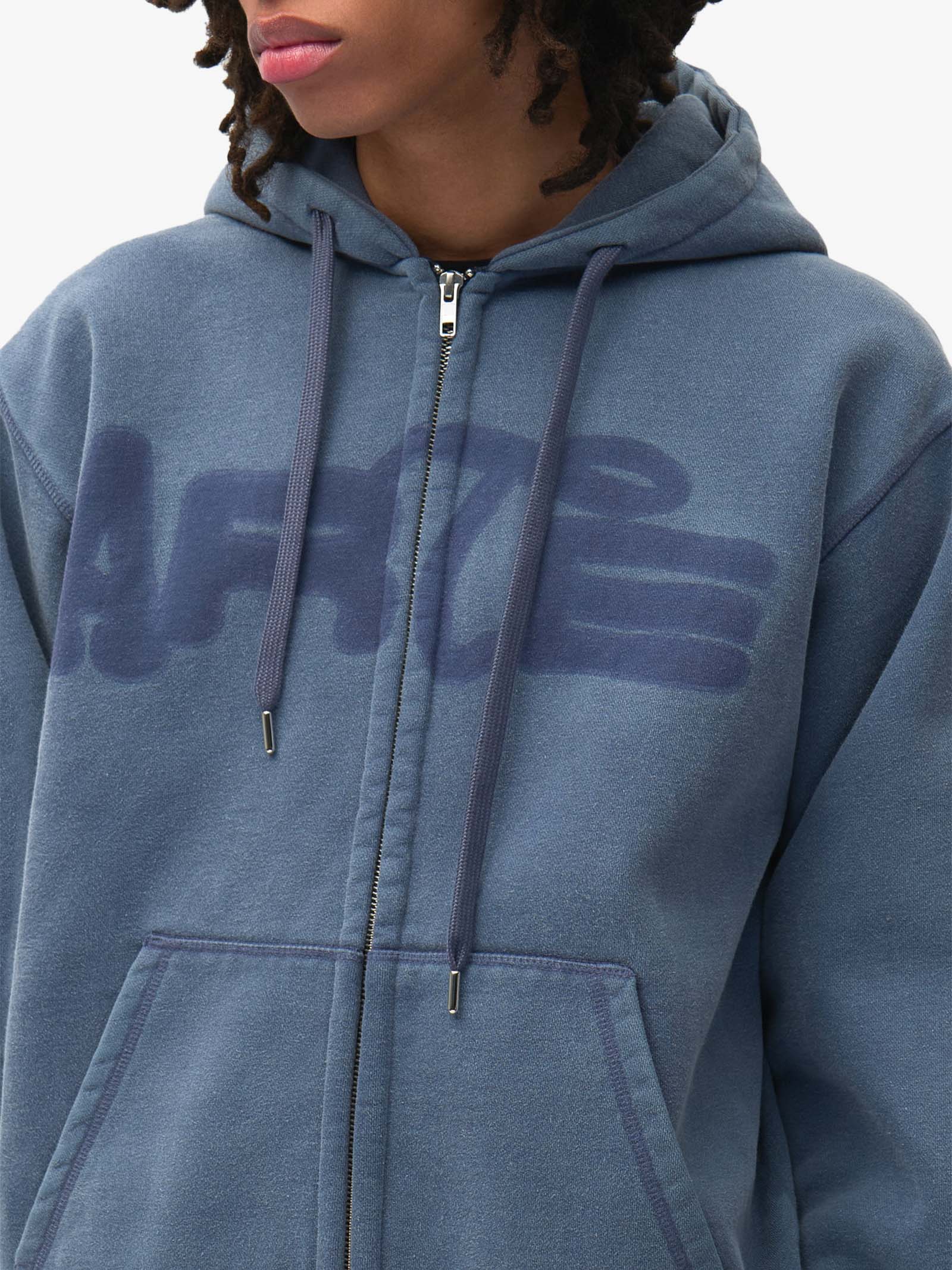 ARTE ANTWERP Men's Blue Sunfade Zip-Up Hoodie with Stencil Print