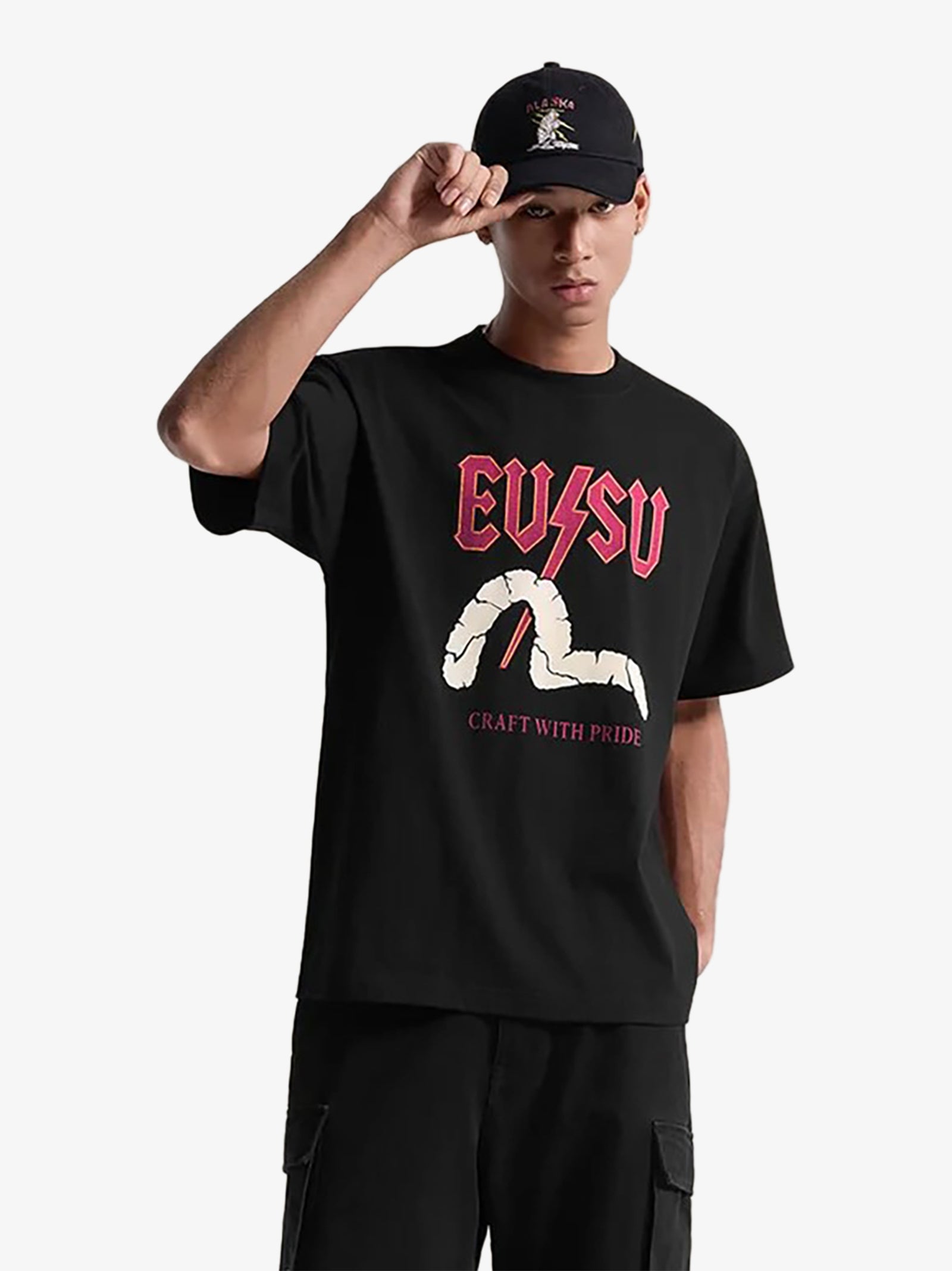 EVISU Men's Black T-Shirt with Lightning Seagull Graphic Print