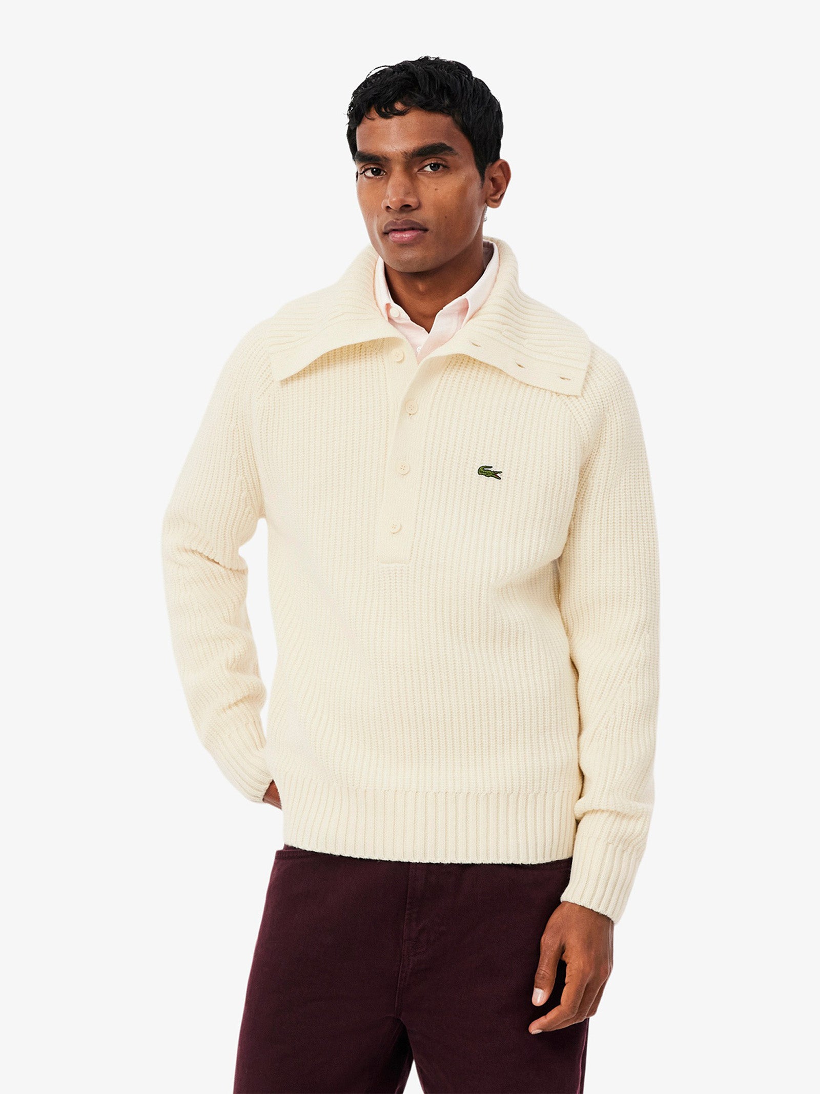 LACOSTE Men's cream-colored turtleneck sweater in pearl-knit ribbing