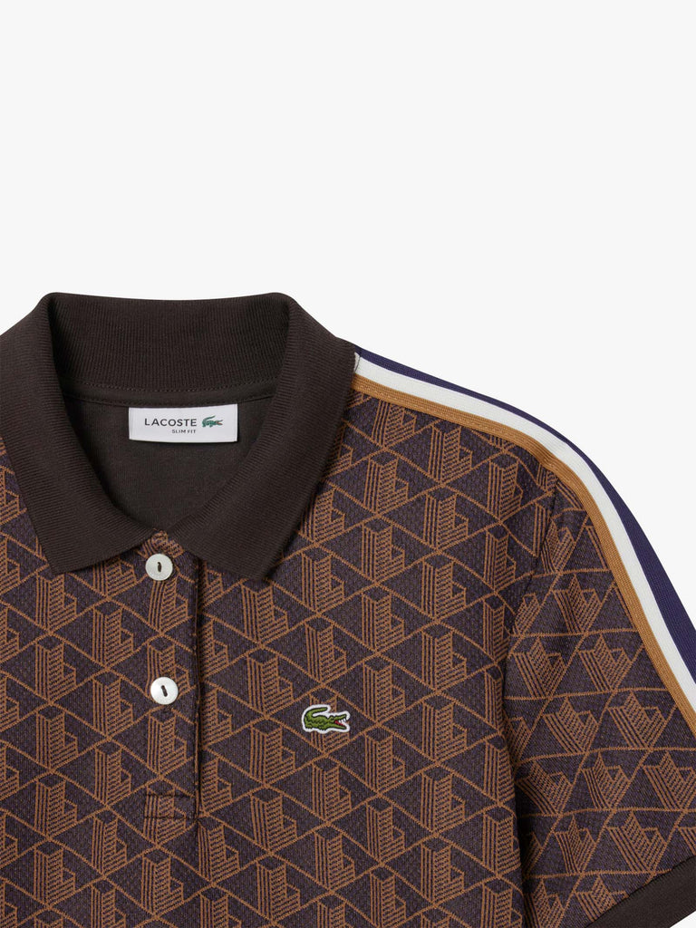 LACOSTE polo classica in jacquard con monogramma donna marrone