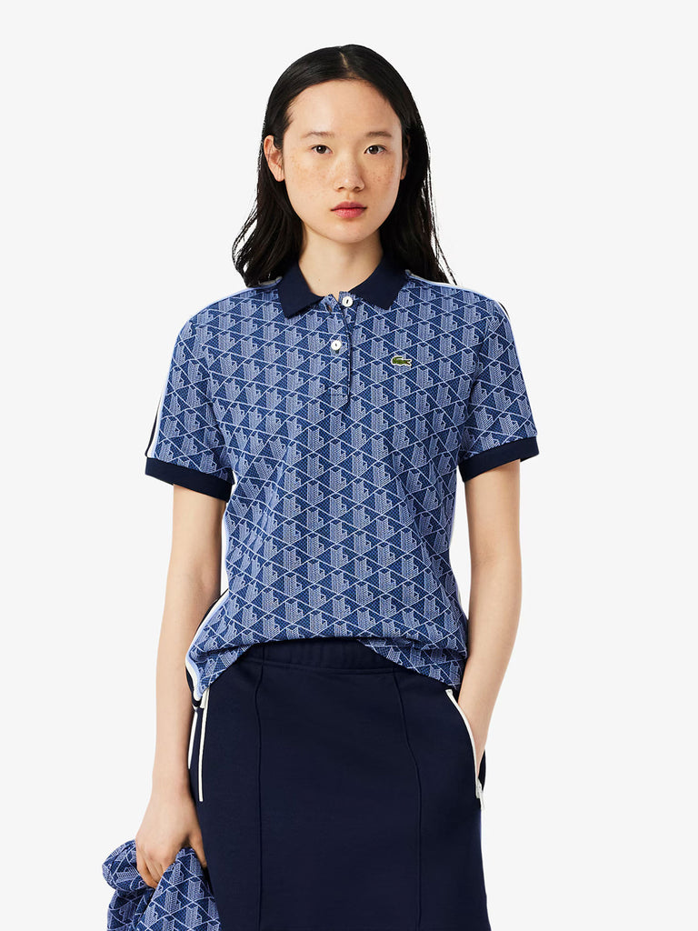 LACOSTE polo classica in jacquard con monogramma donna blu