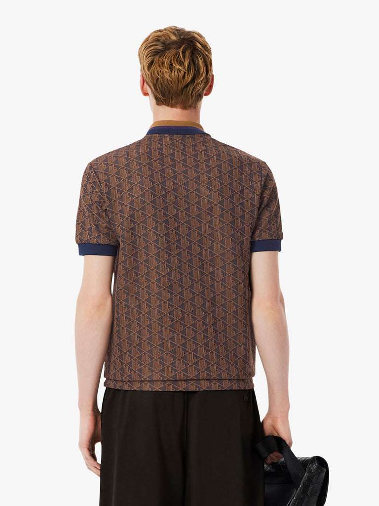 LACOSTE polo classica in jacquard con monogramma uomo marrone