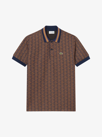 LACOSTE polo classica in jacquard con monogramma uomo marrone