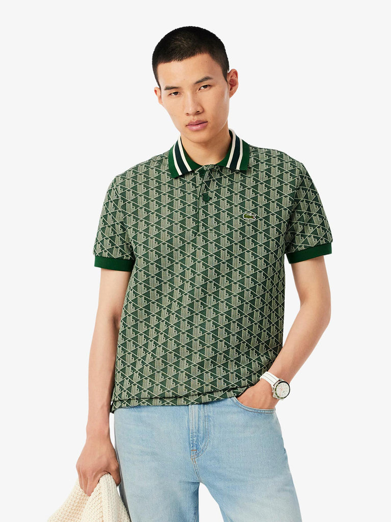 LACOSTE polo classica in jacquard con monogramma uomo verde
