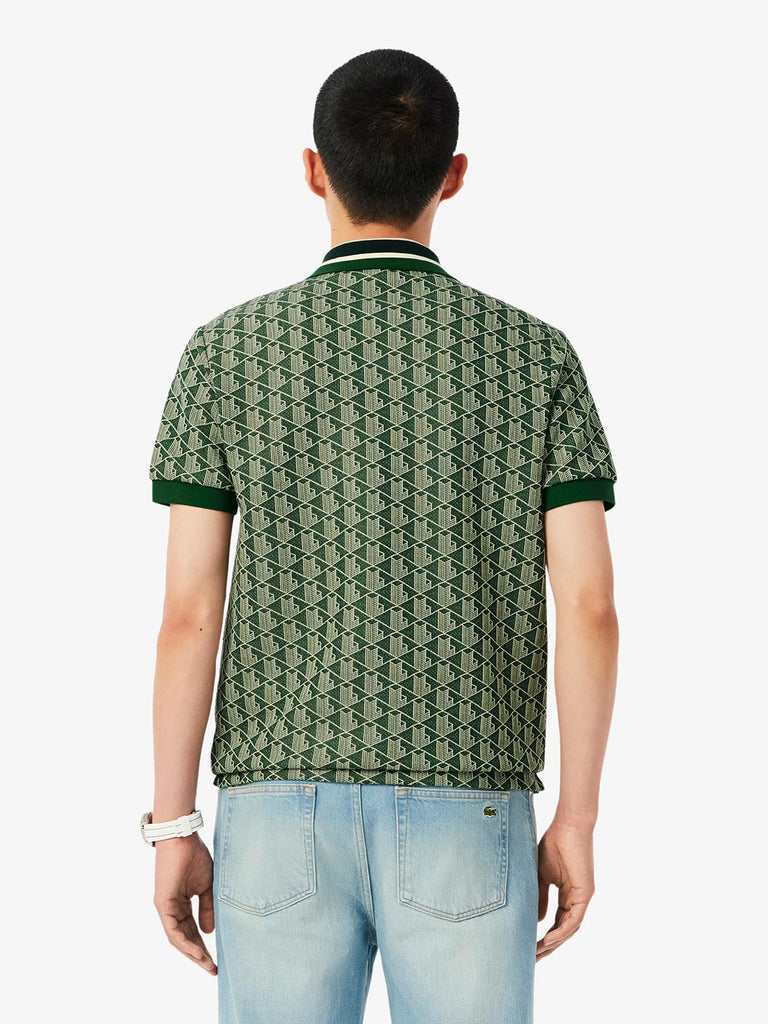 LACOSTE polo classica in jacquard con monogramma uomo verde