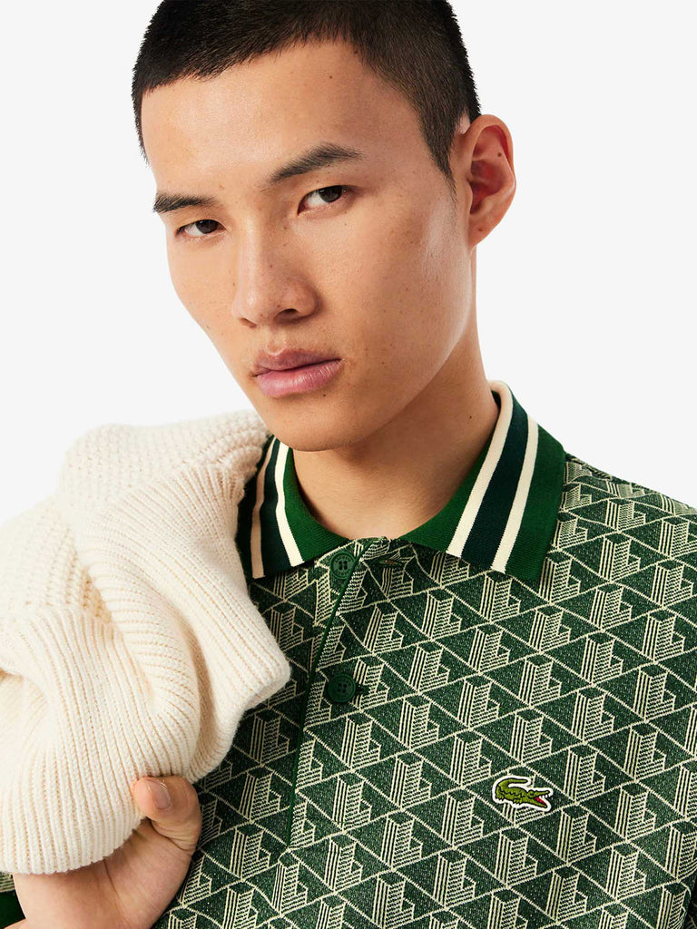 LACOSTE polo classica in jacquard con monogramma uomo verde