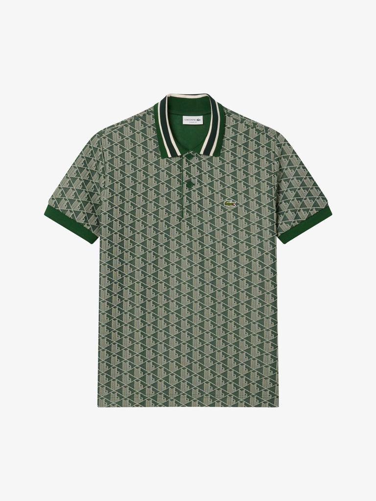 LACOSTE polo classica in jacquard con monogramma uomo verde