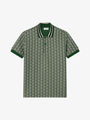 LACOSTE polo classica in jacquard con monogramma uomo verde