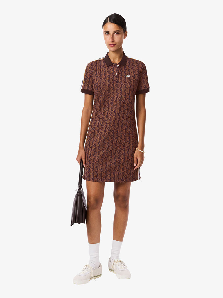 LACOSTE abito corto polo in jacquard con monogramma donna marrone