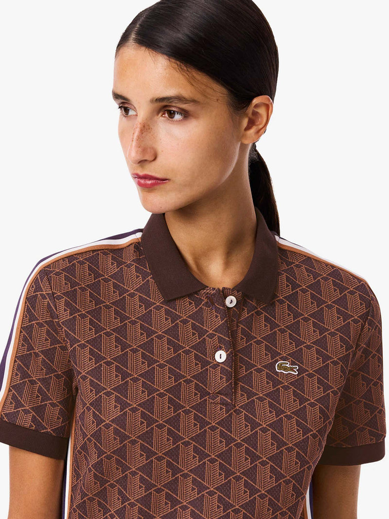LACOSTE abito corto polo in jacquard con monogramma donna marrone