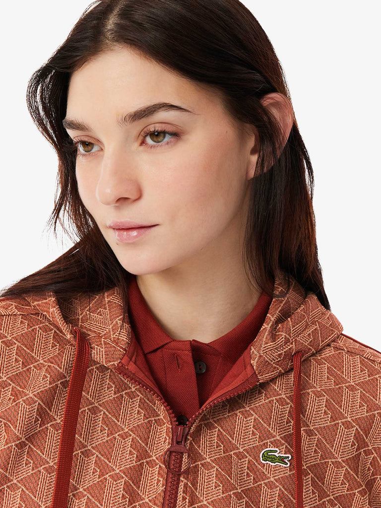 LACOSTE Felpa con cappuccio in jacquard con monogramma donna marrone