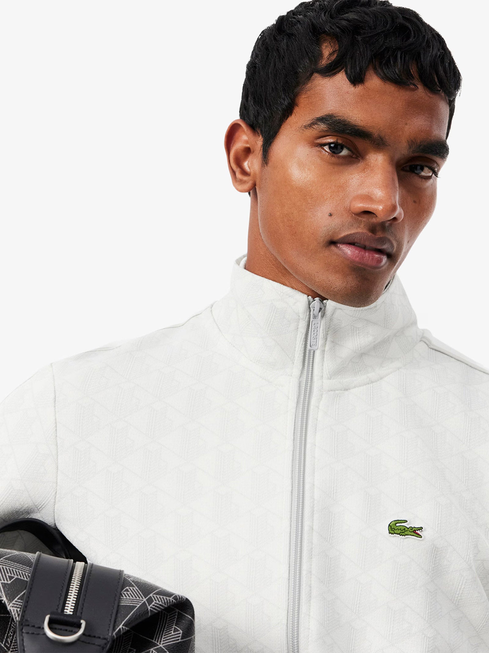 LACOSTE Men's White Paris Jacquard Crewneck Sweatshirt with Zipper