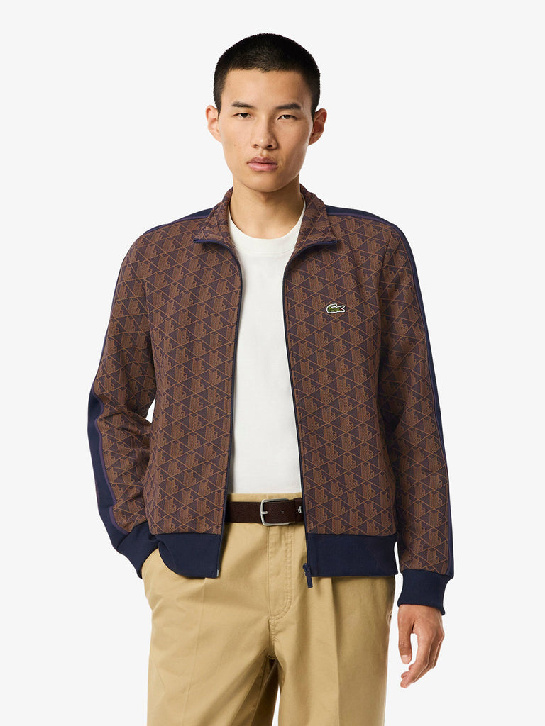 LACOSTE felpa girocollo in jacquard con zip paris uomo marrone