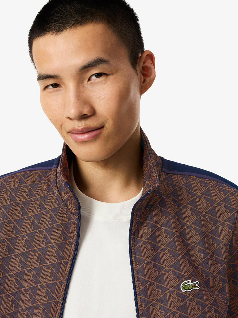 LACOSTE felpa girocollo in jacquard con zip paris uomo marrone