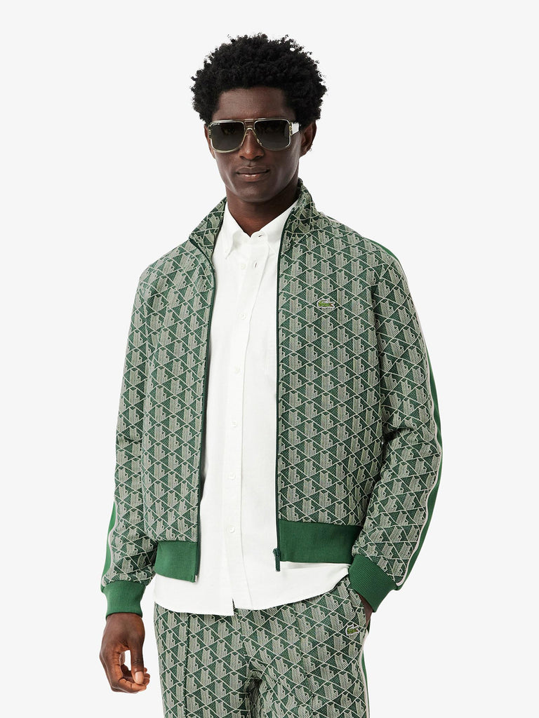 LACOSTE felpa girocollo in jacquard con zip paris uomo verde