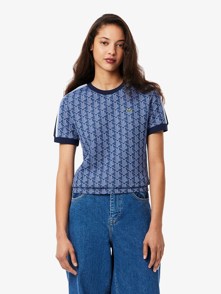 LACOSTE t-shirt jacquard con monogramma donna blu