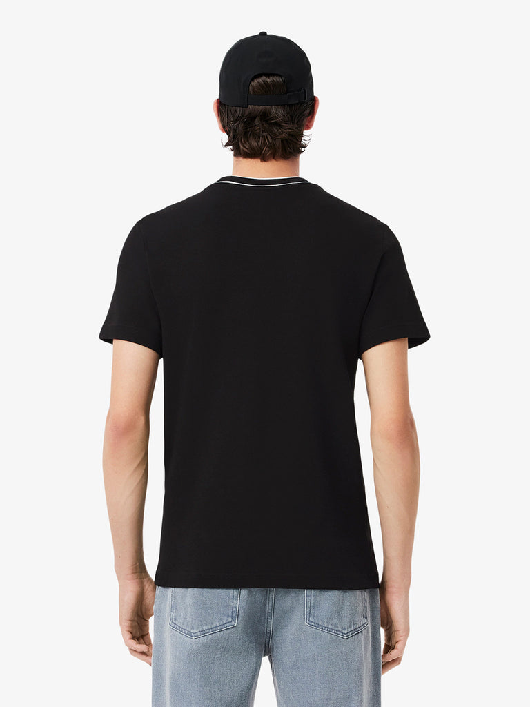 LACOSTE T-shirt in piqué elasticizzato con colletto a righe uomo nero cotone
