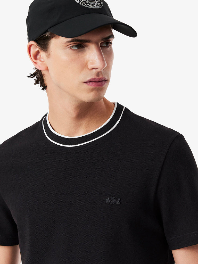LACOSTE T-shirt in piqué elasticizzato con colletto a righe uomo nero cotone